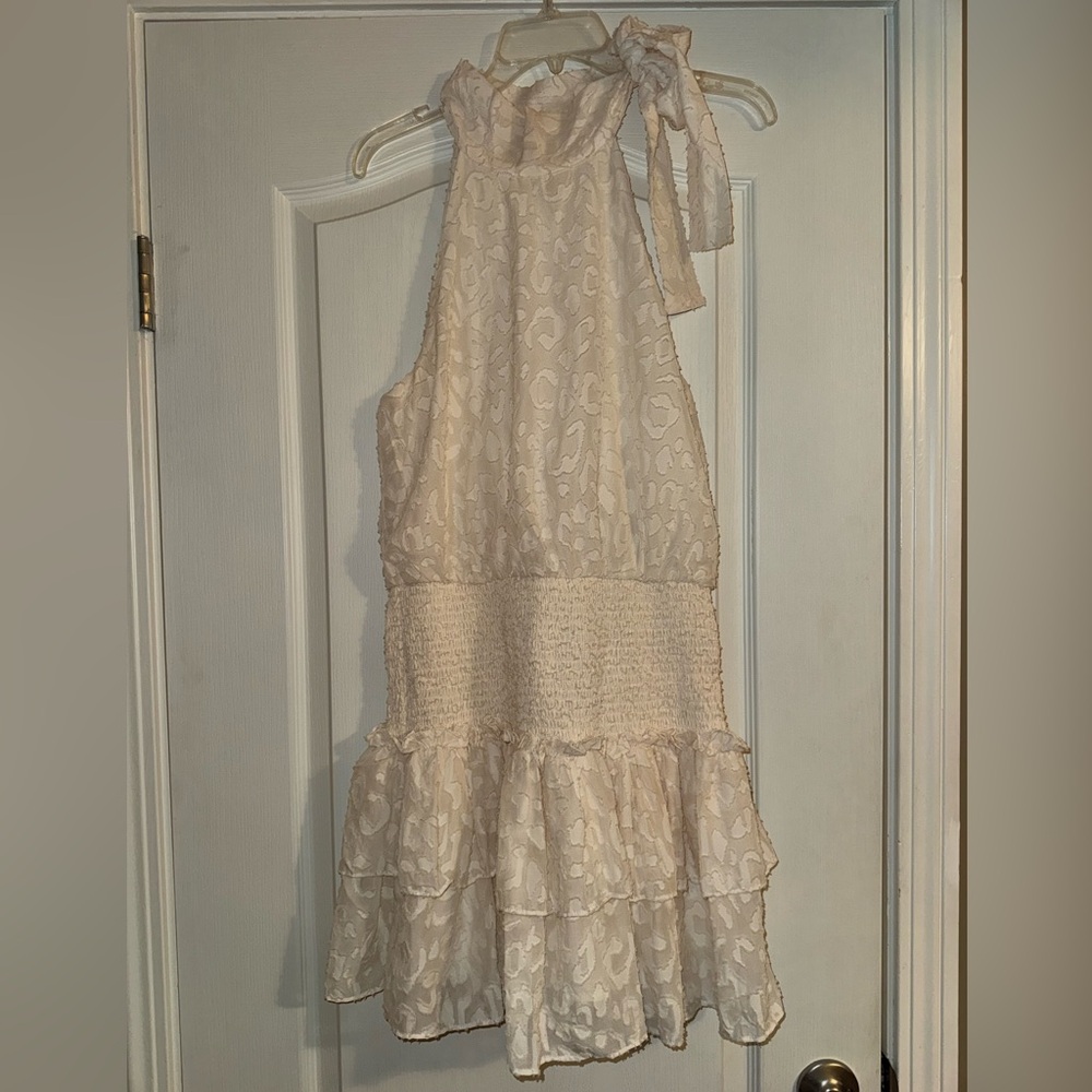 Lavish Tuscaloosa white cream Tie-Neck Ruffle leopard smocked waist dress